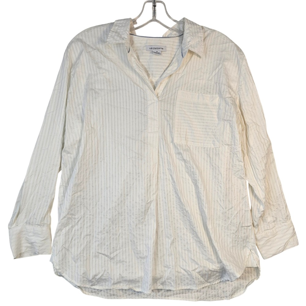 Liz Claiborne Womens XL White Striped Long Sleeve Split Neck Tunic Shirt Pocket